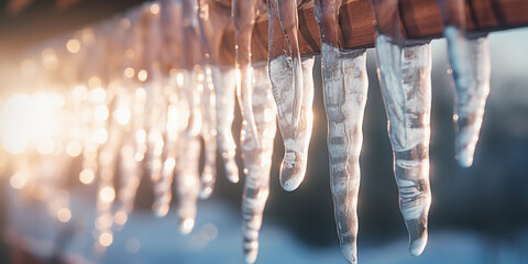 delicate icicles hanging from a roof edge, sunlight refracting through the icy prisms, close - up macro