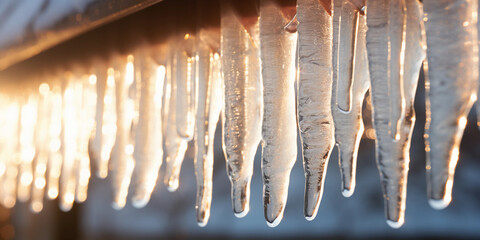 delicate icicles hanging from a roof edge, sunlight refracting through the icy prisms, close - up macro