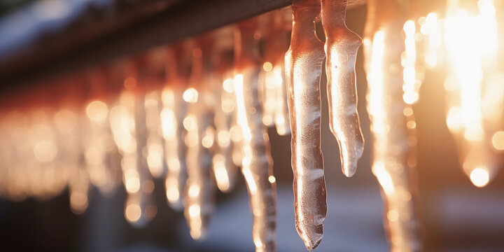 delicate icicles hanging from a roof edge, sunlight refracting through the icy prisms, close - up macro