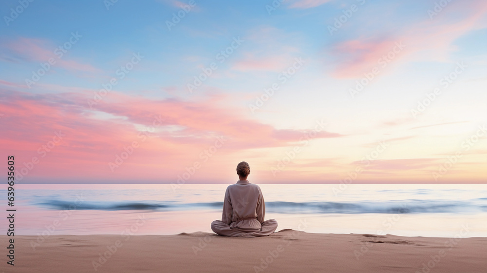 Wall mural individual meditating at sunrise on a pristine beach, calm sea, pastel sky with first light of dawn,