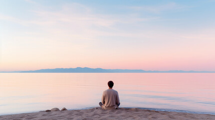 individual meditating at sunrise on a pristine beach, calm sea, pastel sky with first light of dawn, minimalist aesthetic