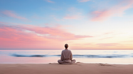 individual meditating at sunrise on a pristine beach, calm sea, pastel sky with first light of dawn, minimalist aesthetic