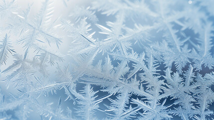Intense details of frost patterns on a windowpane, macro shot, natural light