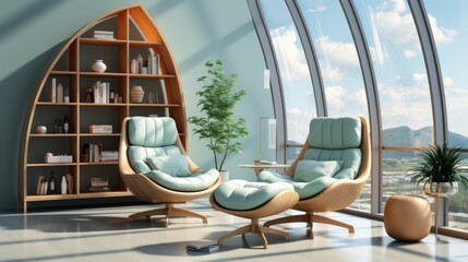 A living room with a chair and a book shelf. Digital image.
