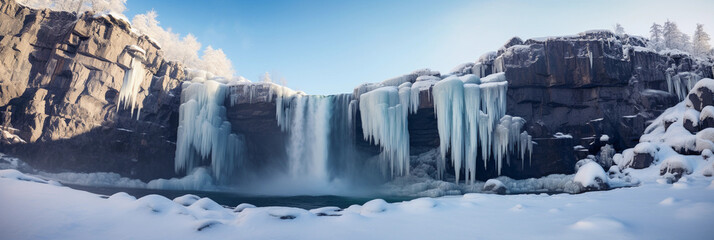 Panoramic, a frozen waterfall cascading over a cliff, icicles gleaming, sky clear and blue