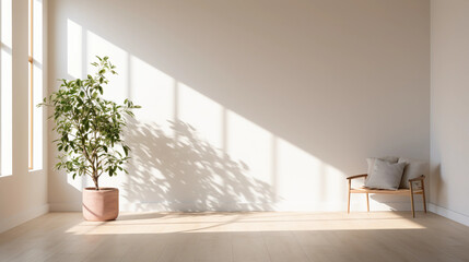 a simple, calming, zen - like indoor space, white walls, large windows, minimalist furniture, indoor plants, gentle afternoon light casting long shadows