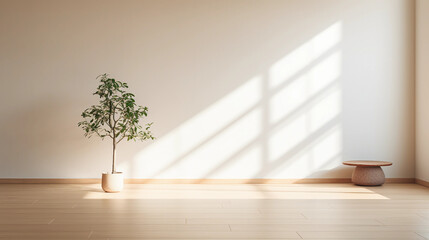 a simple, calming, zen - like indoor space, white walls, large windows, minimalist furniture, indoor plants, gentle afternoon light casting long shadows