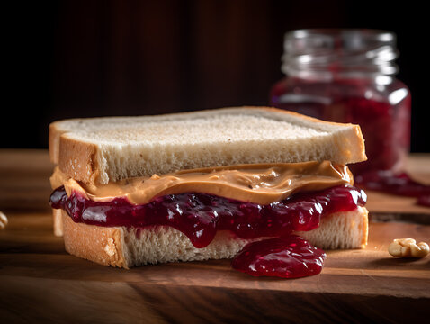 Peanut butter and jelly sandwich in wood background. Ai Generative