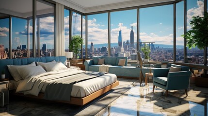 A bedroom with a view of the city. Digital image.