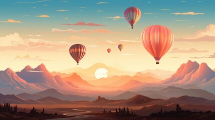 Hot air balloons flying over mountains illustration AI Generated