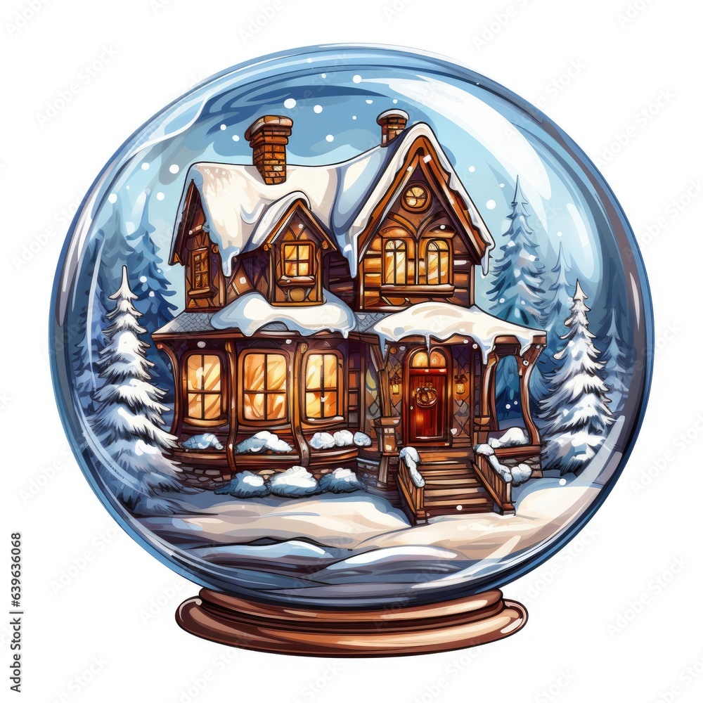 Poster a snow globe with a house inside of it. digital image.