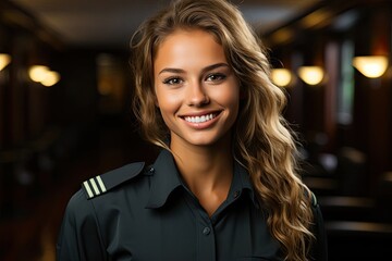 Caucasian Woman Airline Pilot Backdrop Smiling Generative AI