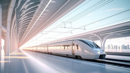 A white train traveling through a train station. Digital image. - obrazy, fototapety, plakaty