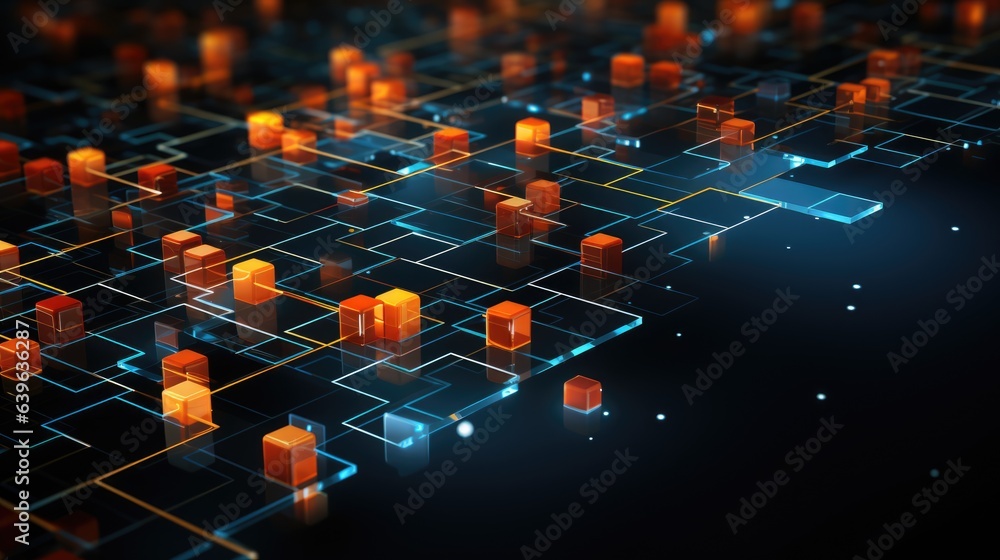 Poster a bunch of cubes that are connected to each other. digital image. blockchain, decentralized currency