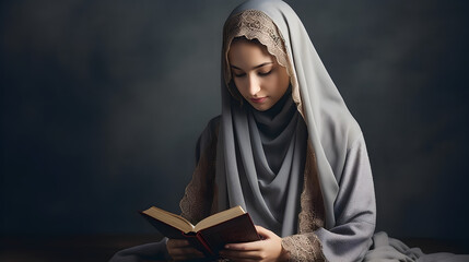 Asian Muslim woman in hijab reading Quran book - obrazy, fototapety, plakaty
