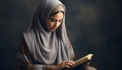 Asian Muslim woman in hijab reading Quran book - obrazy, fototapety, plakaty