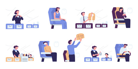 Passengers travel by air. People, crew in airplane set.