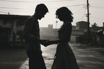 Young couple in love, dancing in retro black and white image. Concept of young love. Silhouettes with shallow field of view.