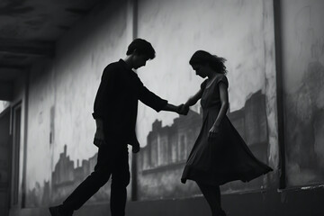 Young couple in love, dancing in retro black and white image. Concept of young love. Silhouettes...