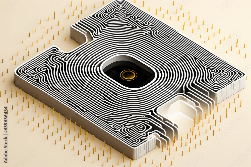 Poster computer chip with fingerprint labytinth pattern, isometric projection. digital security concept.