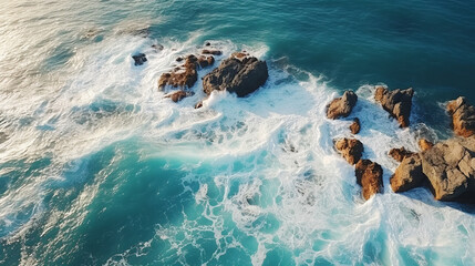Aerial top view of sea waves and rocks