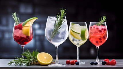 Colorful gin tonic cocktails in wine glasses on bar counter in pup or restaurant.