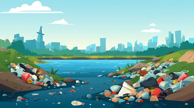 Polluted river with plastic garbage water pollution illustration AI Generated