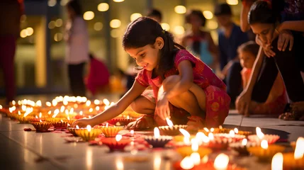 Tuinposter Indian little girl lighting oil lamps and celebrating Diwali, fesitval of lights © ZayNyi