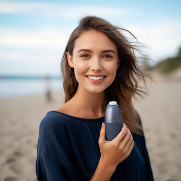 woman with a microphone smiling on the beach