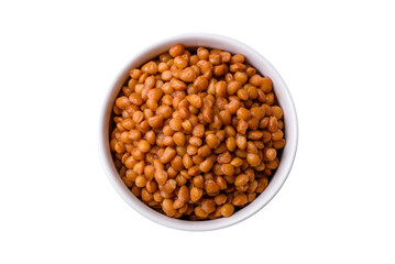 Delicious healthy canned lentils in a ceramic ribbed white bowl
