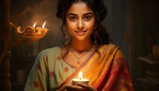 Indian woman in traditional sari with oil lamp and celebrating Diwali, fesitval of lights