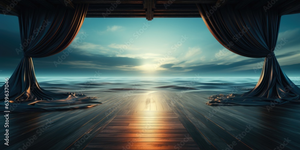 Poster an empty stage with a view of the ocean. digital image.