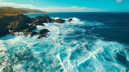 Aerial view of waves crashing on the rocks - 639637048