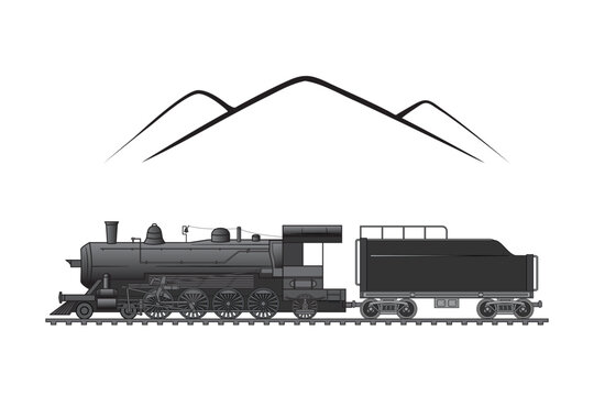 steam locomotive train which use steam engine from boiler for movement background with mountain view drawing in black and white cartoon vector