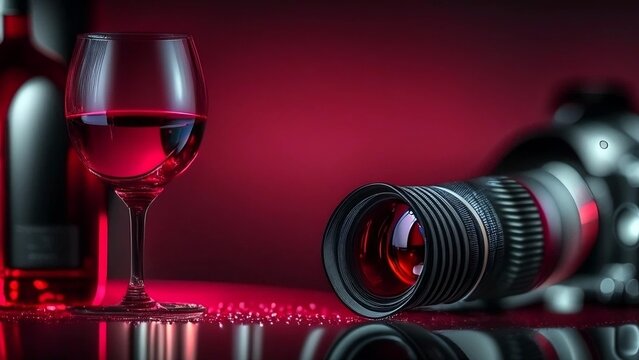 View of camera and wine glass, blurred background