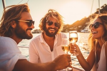 group of happy friends having party on a yacht, AI Generated