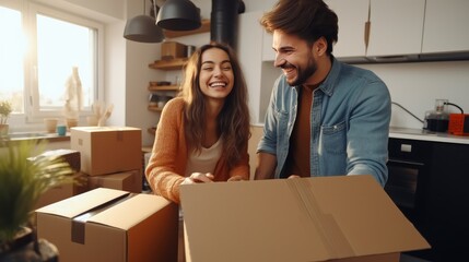 Youthful couple moving in unused homeCouple is having fun with cardboard boxes in unused house at moving day