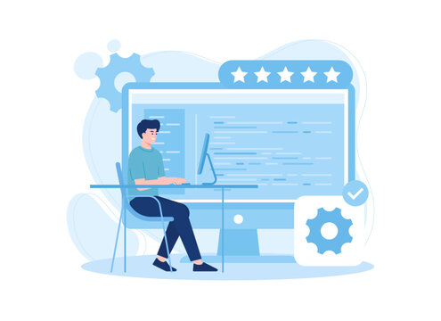 man is working at the computer concept flat illustration