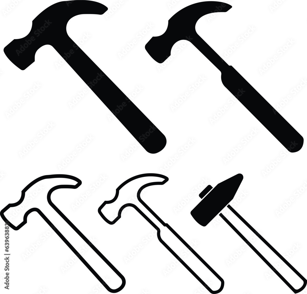 Poster set of flat and line black hammer icon template black color editable. hammer symbol flat sign isolat