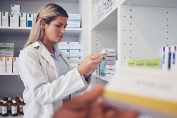 Medicine box, pharmacist and woman reading product description, package info or search shop shelf....