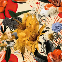 Schilderijen op glas Flowers collage boho repeat pattern colorful abstract stylish luxury © Roman