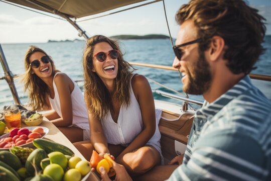 group of happy friends having party on a yacht, AI Generated