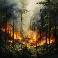 Raging forest fires. Ecological catastrophy. Fire and smoke. Hell on earth