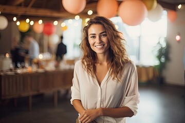Caucasian Woman Event Planner Backdrop Extremely Gorgeous Generative AI