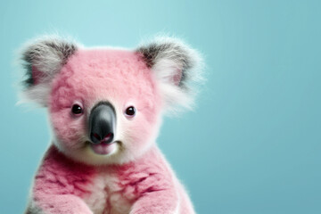 Close-up portrait of a wild animal with blue and pink lights. Cute little koala bear.