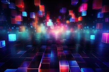 abstract background with glowing cubes in blue and red colors. 3d rendering, Abstract background with colorful lights and squares, AI Generated