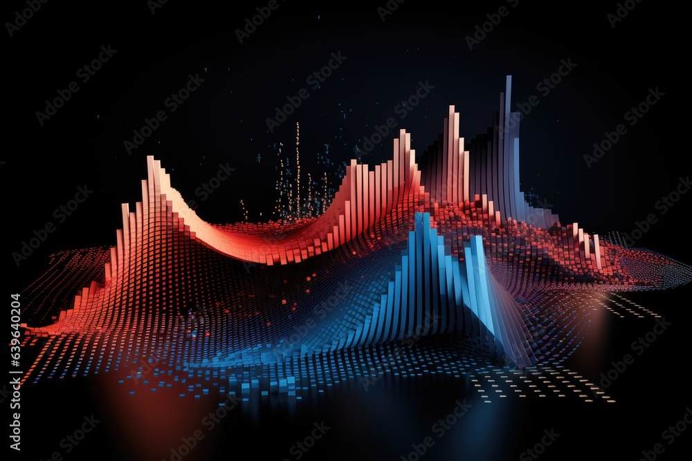Poster abstract background with sound wave in blue and red illustration, abstract data wave points 3d graph