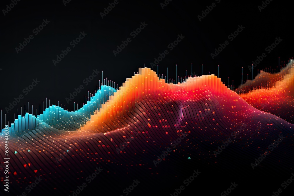 Poster abstract colorful sound waves on dark background, 3d render illustration, abstract data wave points 
