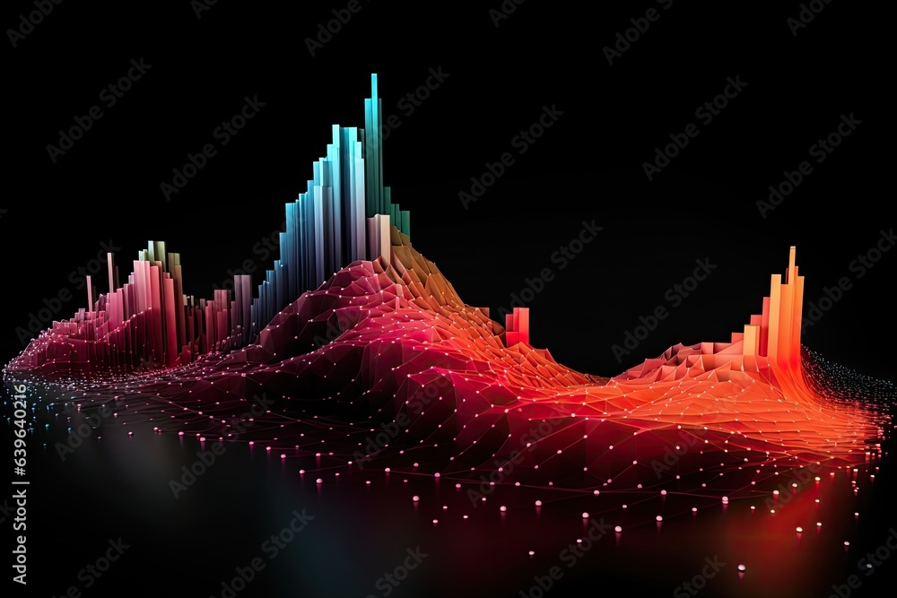 Poster abstract 3d illustration of equalizer over black background with particles, abstract data wave point