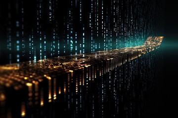 Futuristic technology interface with binary code. 3D Rendering, Abstract digital binary code flowing on a Black background, network system, AI Generated